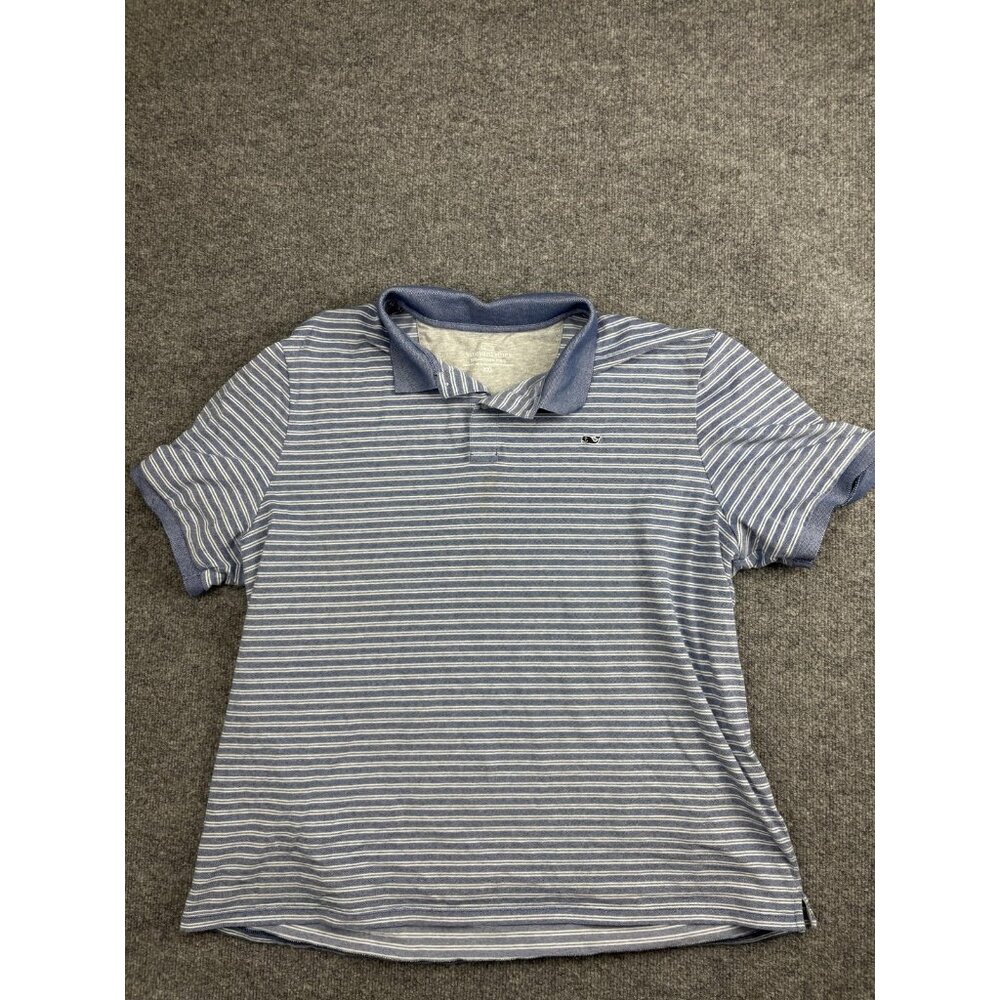 Vineyard Vines Polo Shirt Mens 2XL‎ Blue White Striped Edgartown Whale Logo Knit